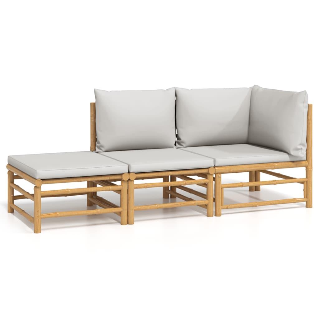 3 Piece Garden Lounge Set with Light Grey Cushions Bamboo