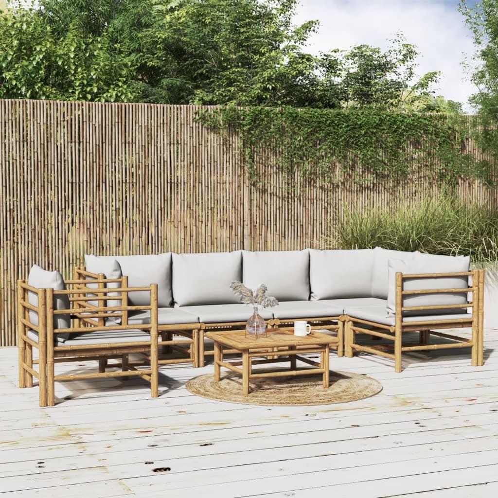 7 Piece Garden Lounge Set with Light Grey Cushions Bamboo