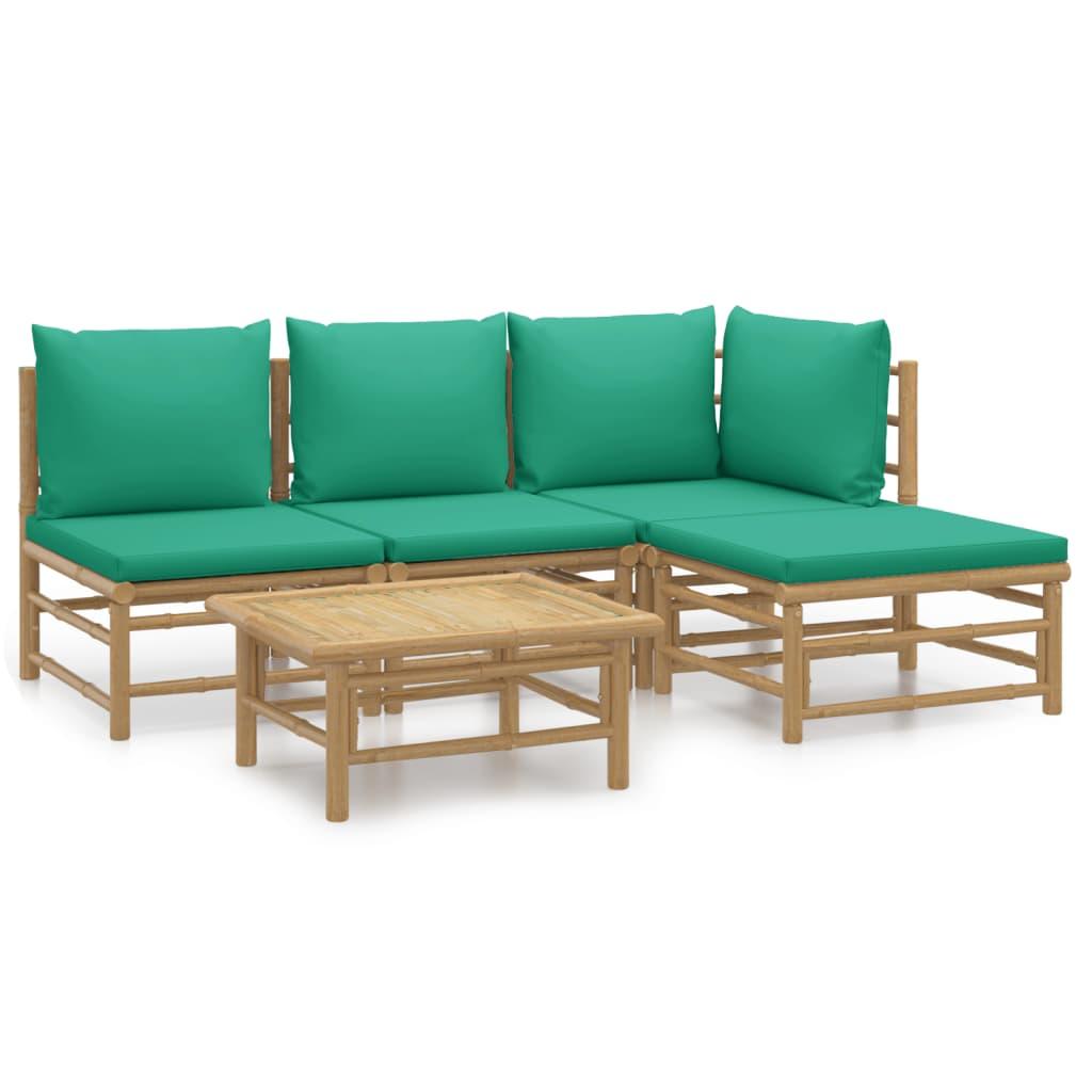 5 Piece Garden Lounge Set with Green Cushions  Bamboo