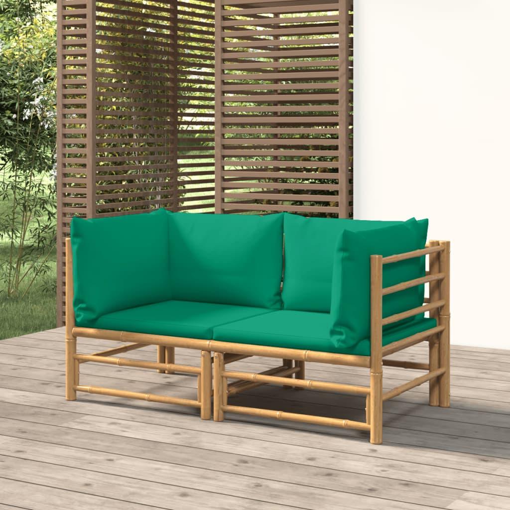 Garden Corner Sofas with Green Cushions 2 pcs Bamboo