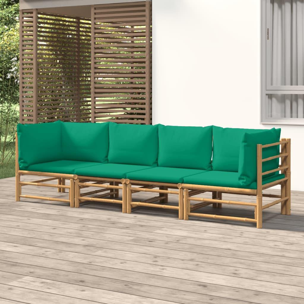 4 Piece Garden Lounge Set with Green Cushions  Bamboo