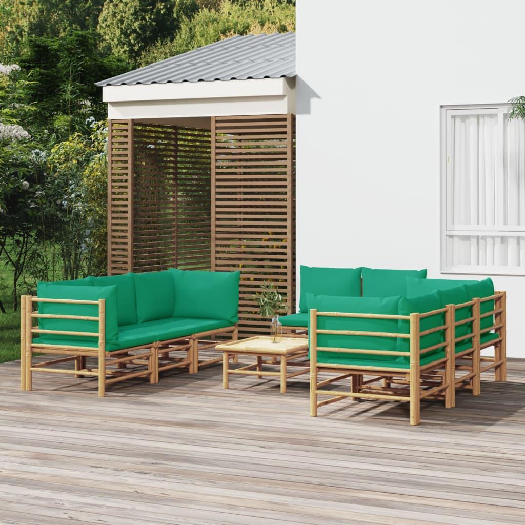 9 Piece Garden Lounge Set with Green Cushions  Bamboo