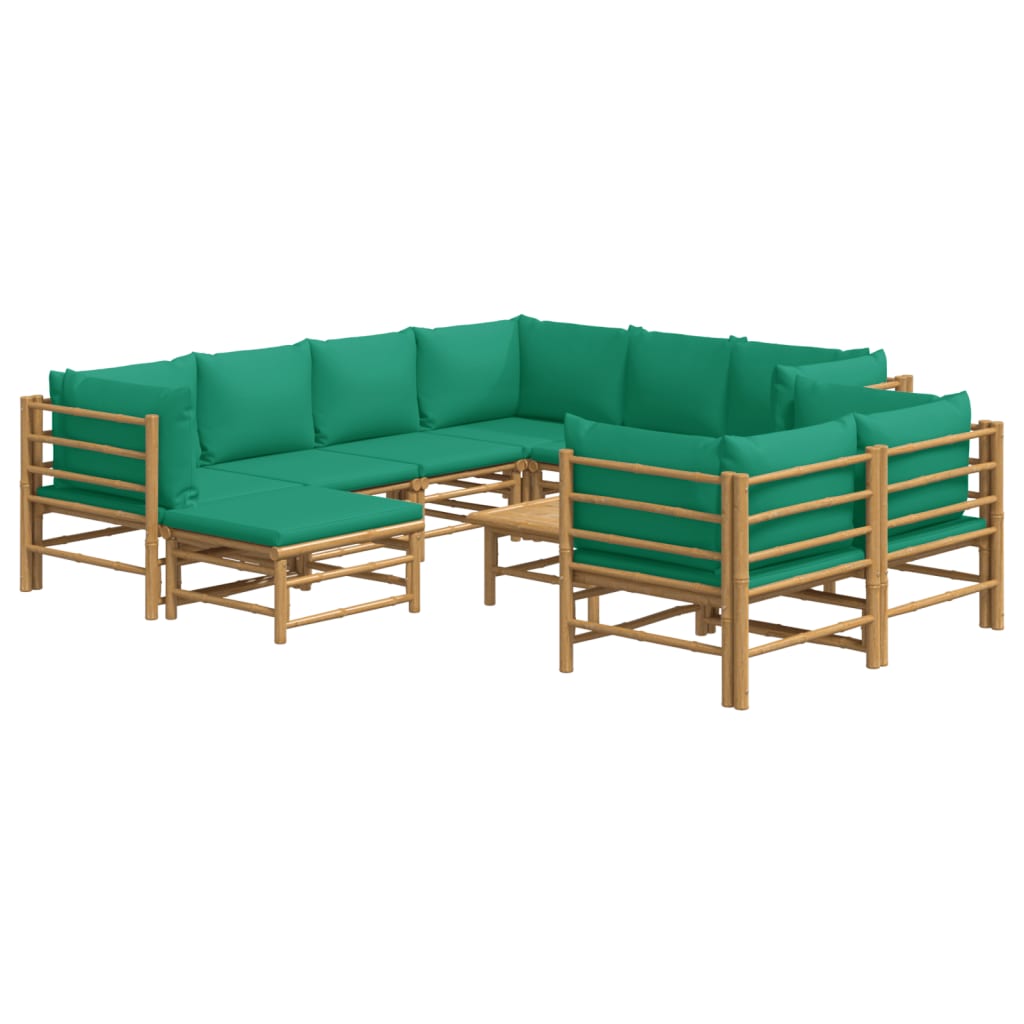 10 Piece Garden Lounge Set with Green Cushions  Bamboo