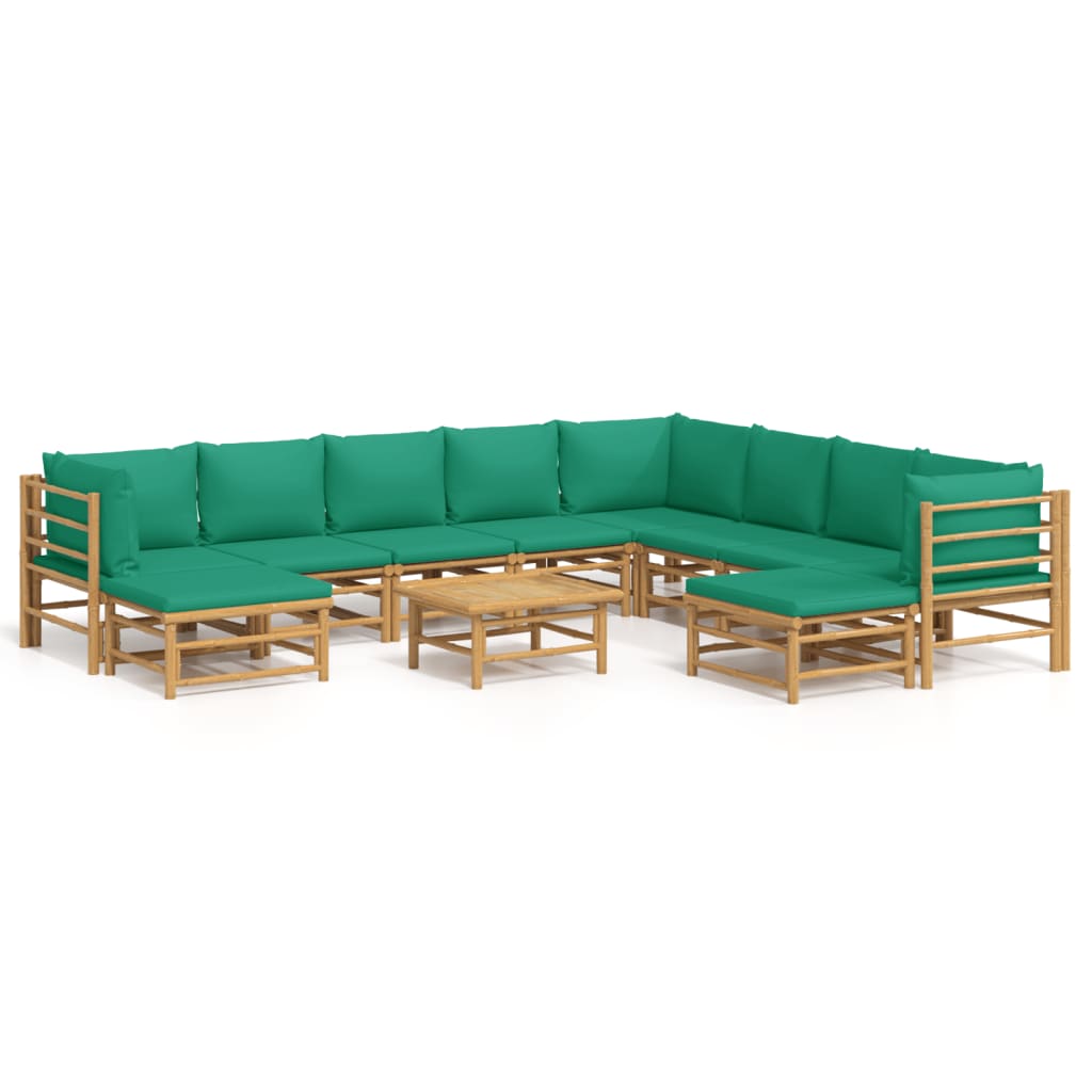 11 Piece Garden Lounge Set with Green Cushions  Bamboo