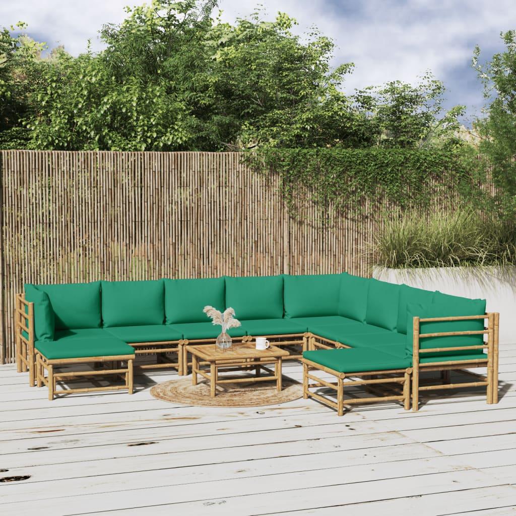 11 Piece Garden Lounge Set with Green Cushions  Bamboo