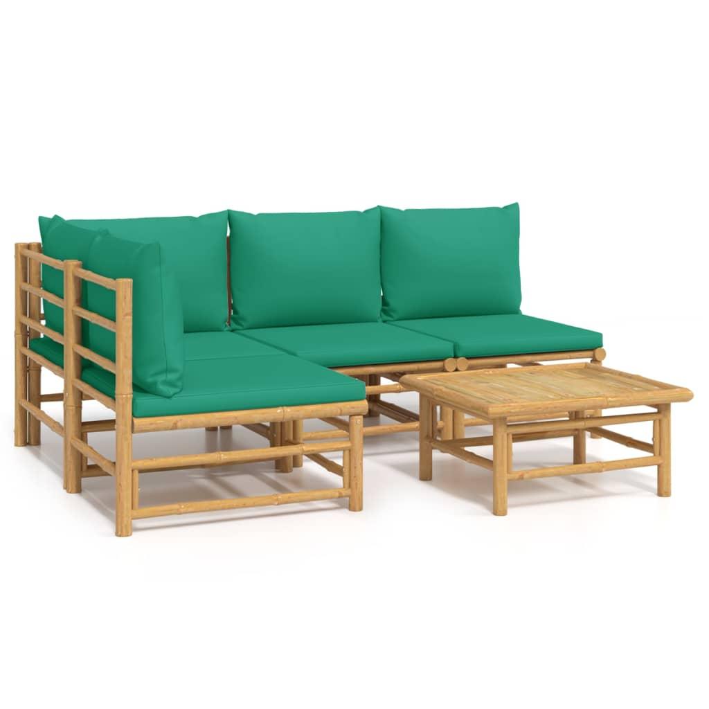 5 Piece Garden Lounge Set with Green Cushions  Bamboo