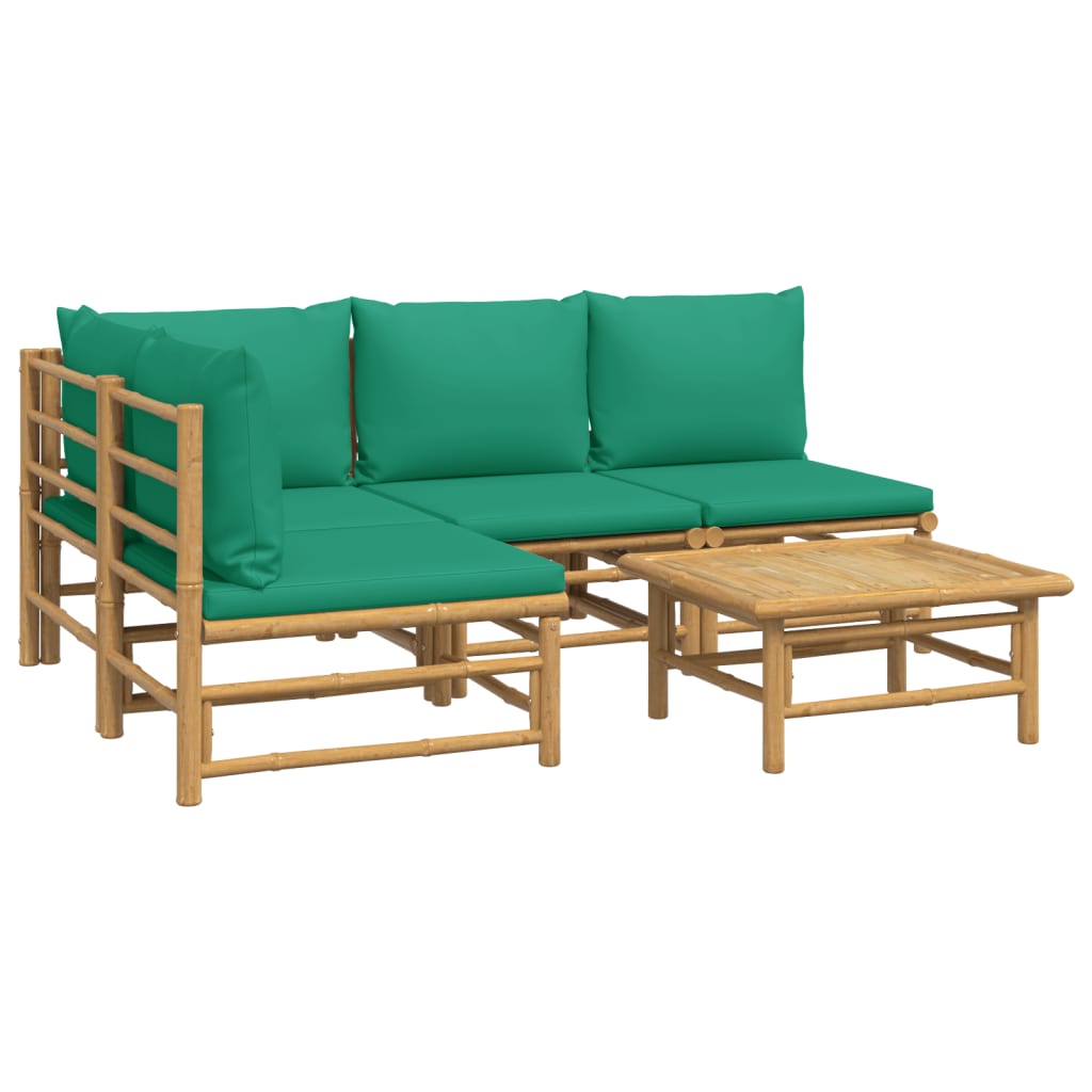 5 Piece Garden Lounge Set with Green Cushions  Bamboo