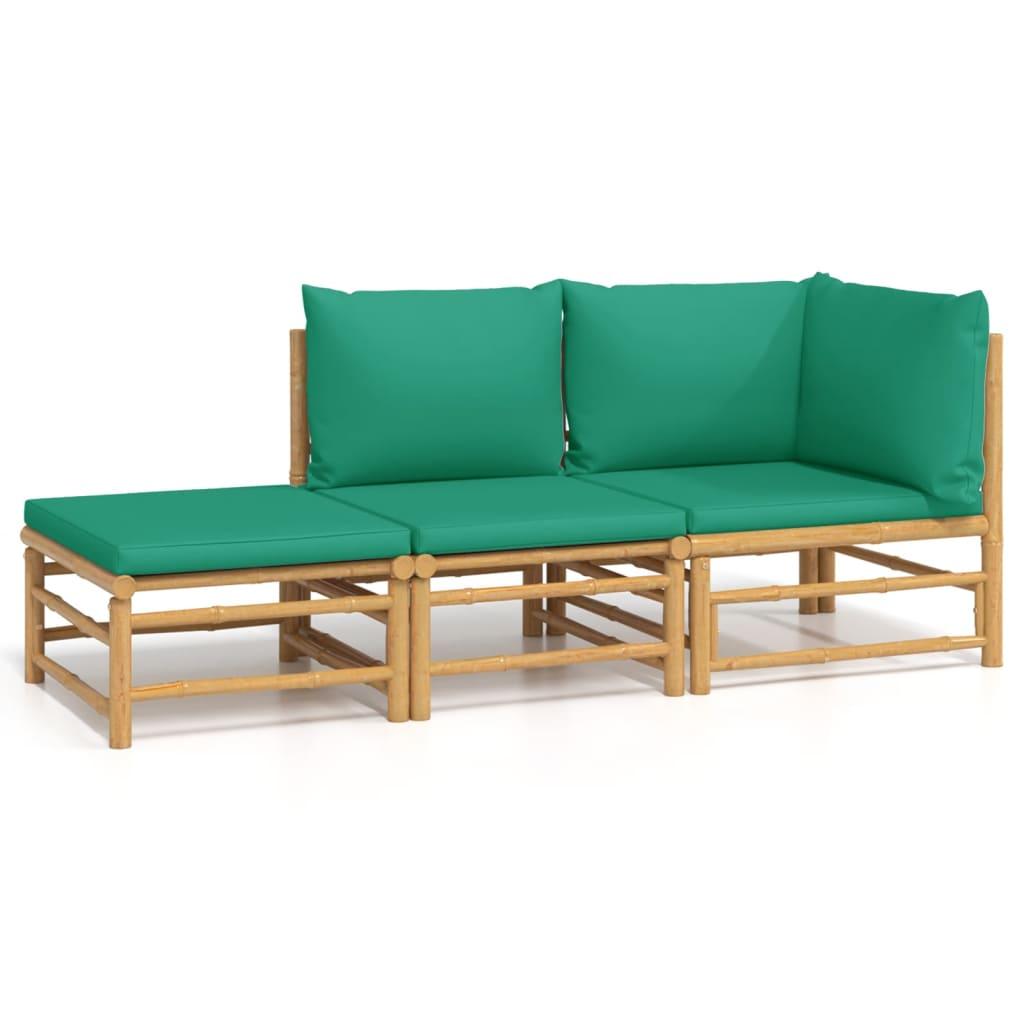 3 Piece Garden Lounge Set with Green Cushions  Bamboo