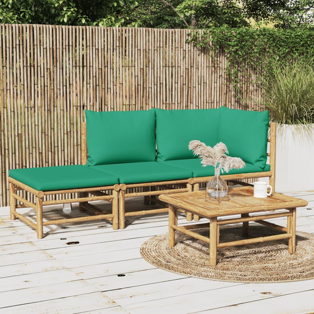 3 Piece Garden Lounge Set with Green Cushions  Bamboo