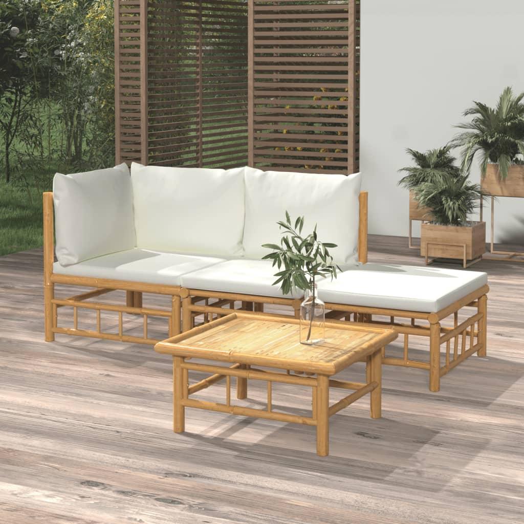 4 Piece Garden Lounge Set with Cream White Cushions  Bamboo