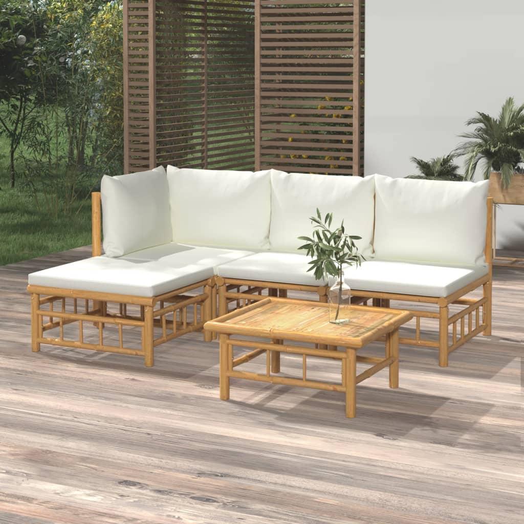 5 Piece Garden Lounge Set with Cream White Cushions  Bamboo