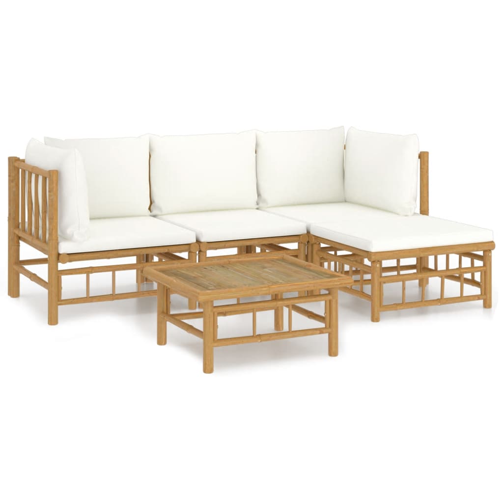 5 Piece Garden Lounge Set with Cream White Cushions  Bamboo