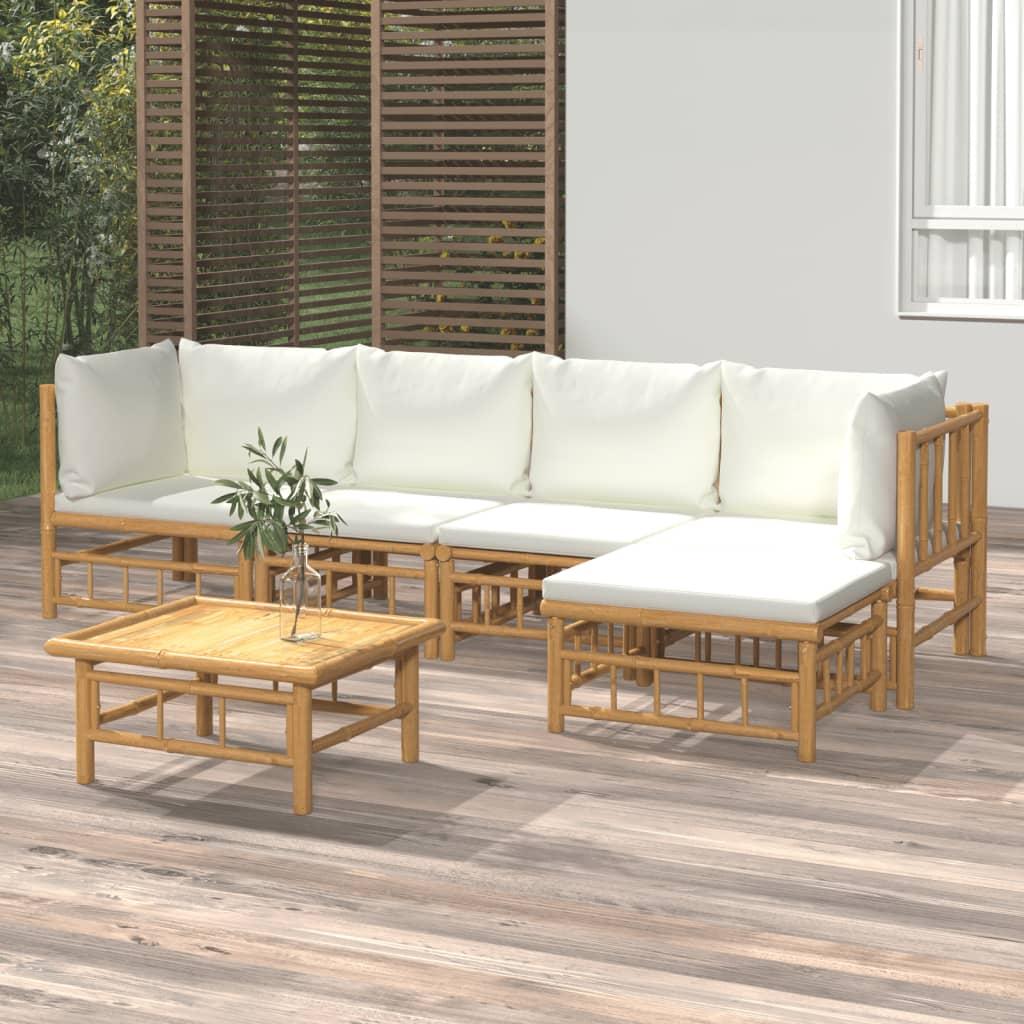 6 Piece Garden Lounge Set with Cream White Cushions  Bamboo