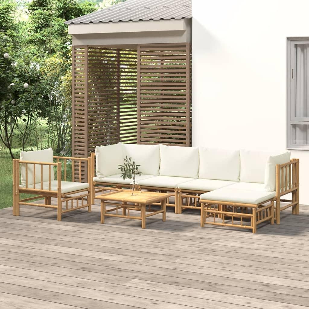 7 Piece Garden Lounge Set with Cream White Cushions  Bamboo