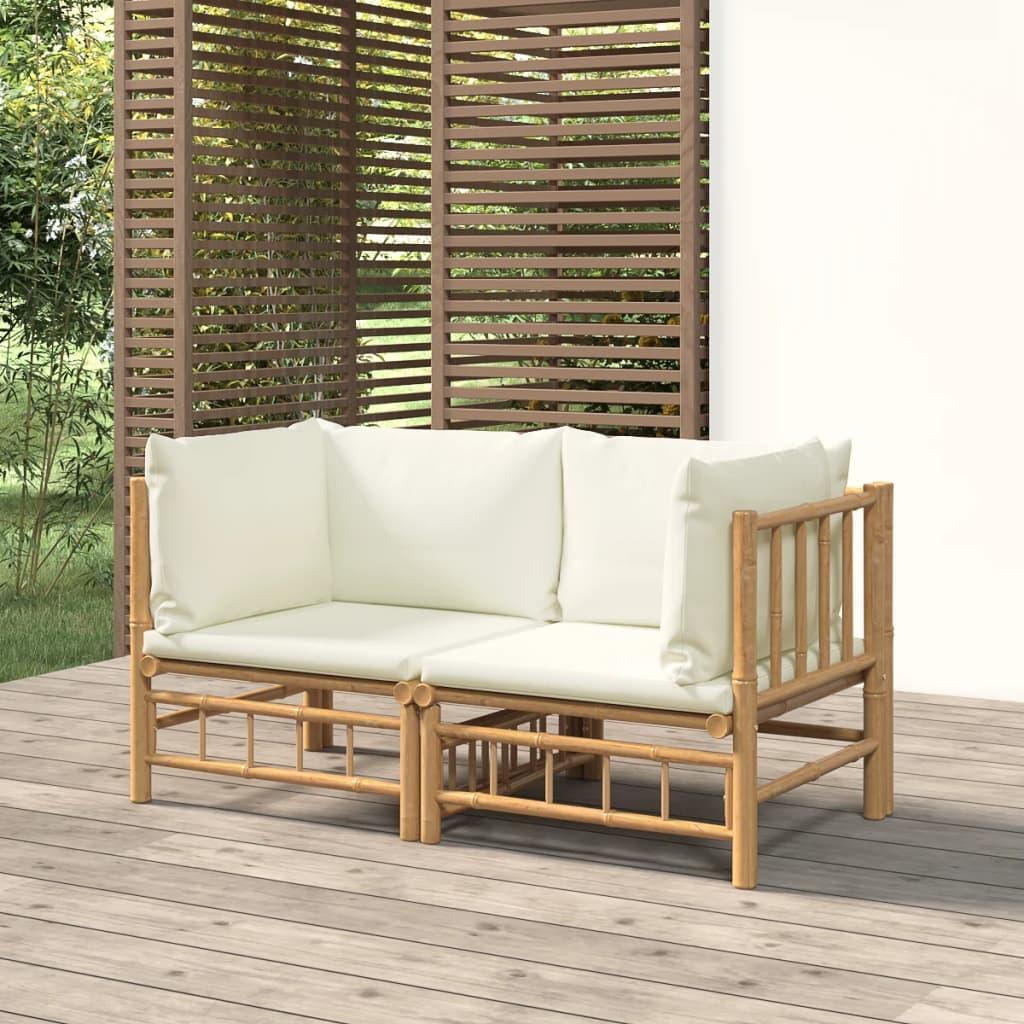 Garden Corner Sofas with Cream White Cushions 2 pcs Bamboo