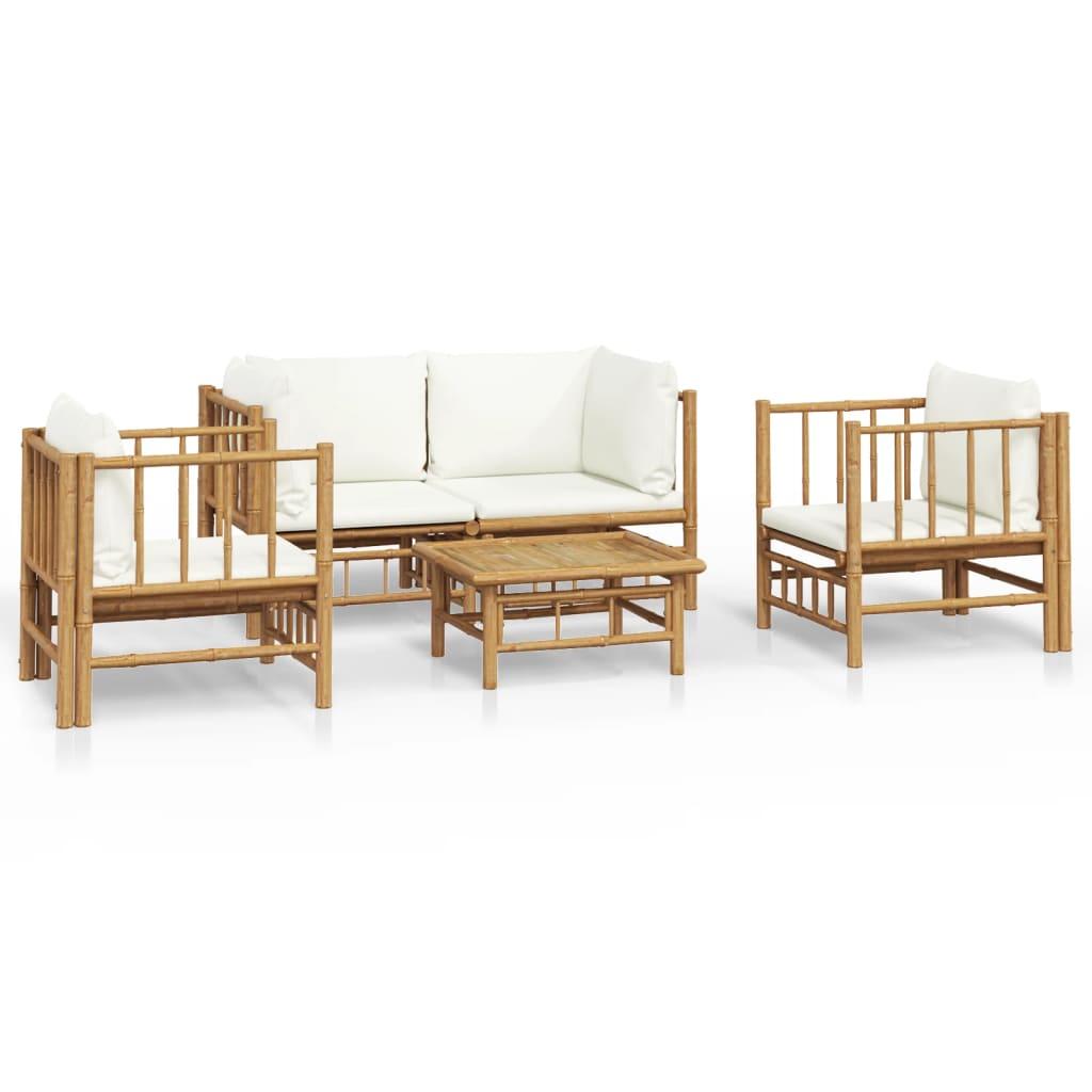 5 Piece Garden Lounge Set with Cream White Cushions  Bamboo