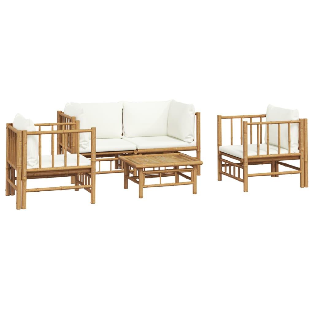 5 Piece Garden Lounge Set with Cream White Cushions  Bamboo