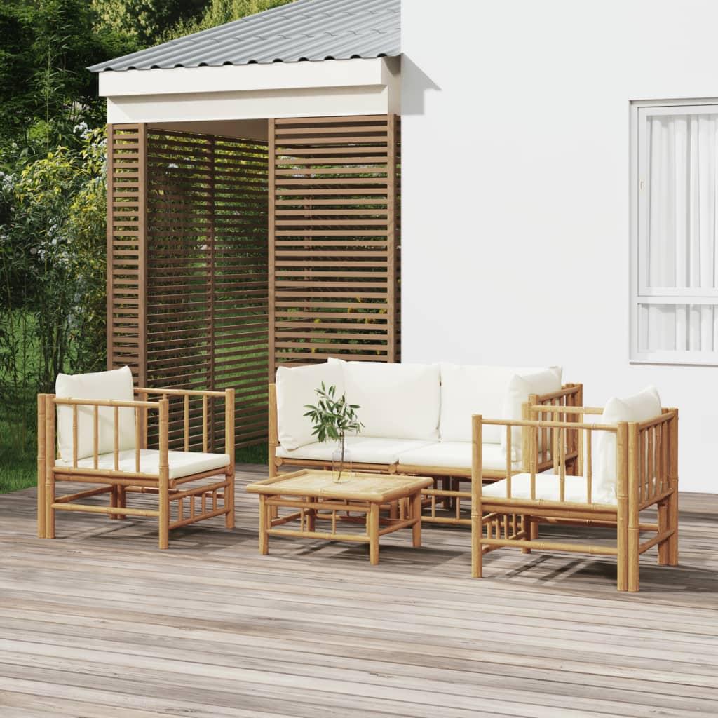 5 Piece Garden Lounge Set with Cream White Cushions  Bamboo