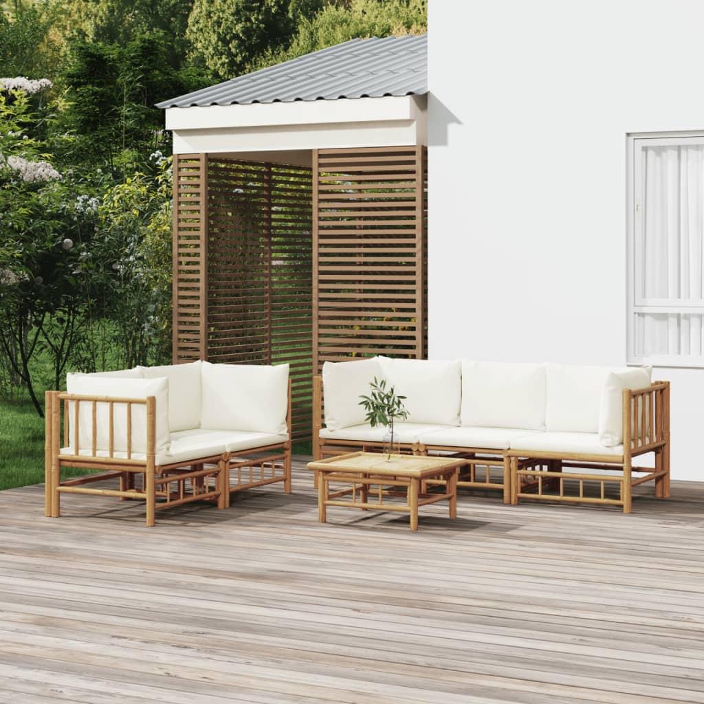 6 Piece Garden Lounge Set with Cream White Cushions  Bamboo