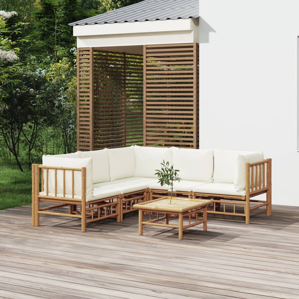 6 Piece Garden Lounge Set with Cream White Cushions  Bamboo