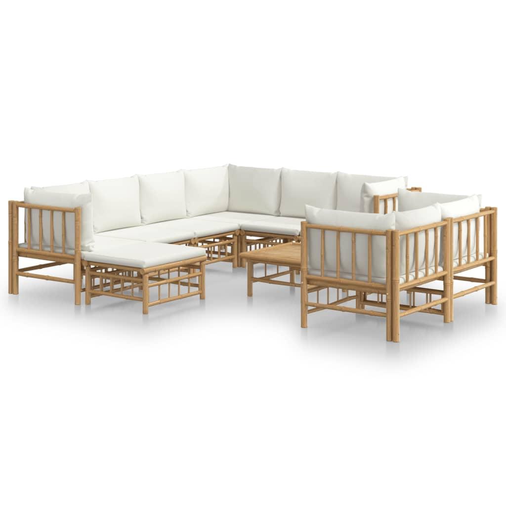 10 Piece Garden Lounge Set with Cream White Cushions  Bamboo