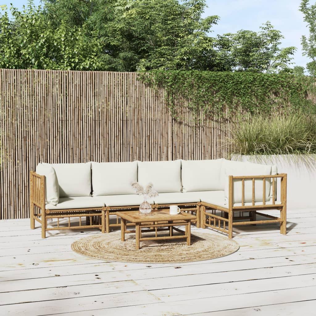 6 Piece Garden Lounge Set with Cream White Cushions  Bamboo