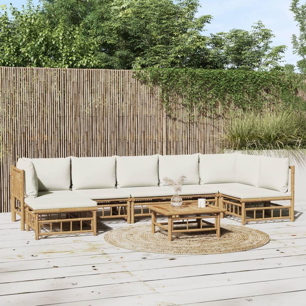 8 Piece Garden Lounge Set with Cream White Cushions  Bamboo