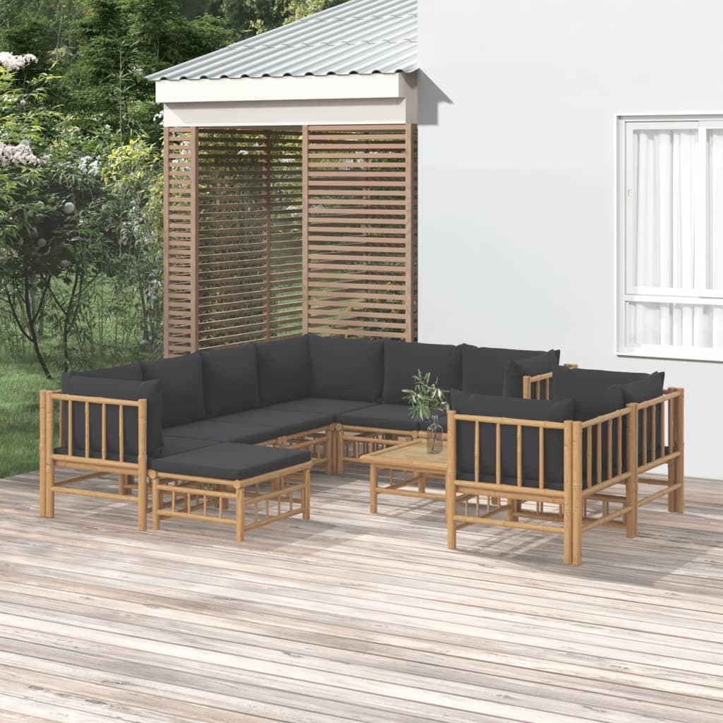 10 Piece Garden Lounge Set with Dark Grey Cushions  Bamboo