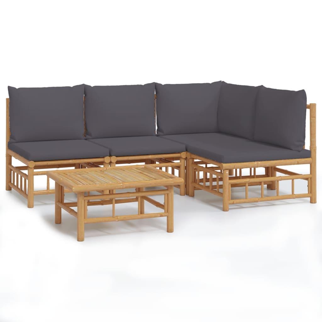 5 Piece Garden Lounge Set with Dark Grey Cushions  Bamboo