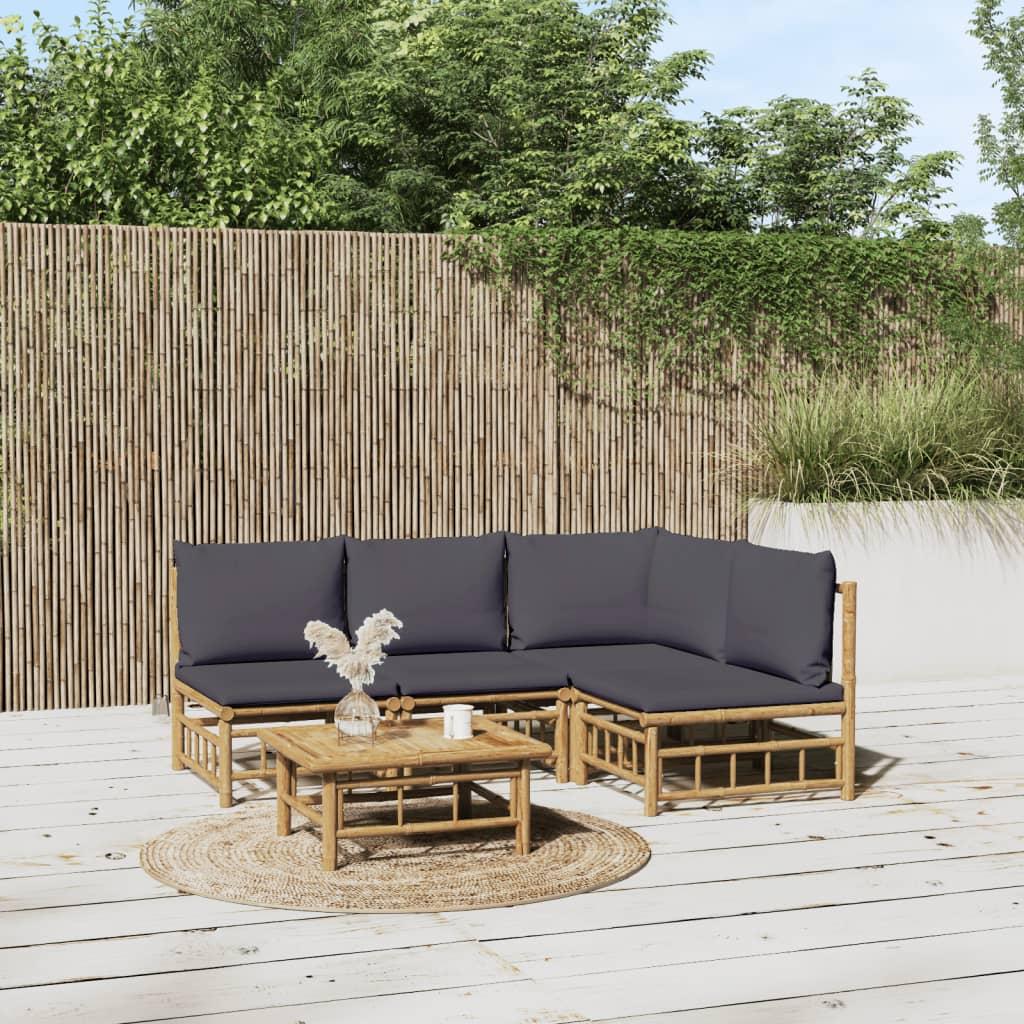 5 Piece Garden Lounge Set with Dark Grey Cushions  Bamboo