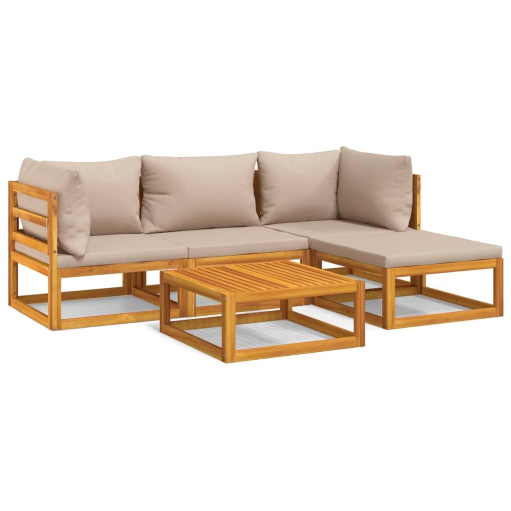 5 Piece Garden Lounge Set with Taupe Cushions Solid Wood