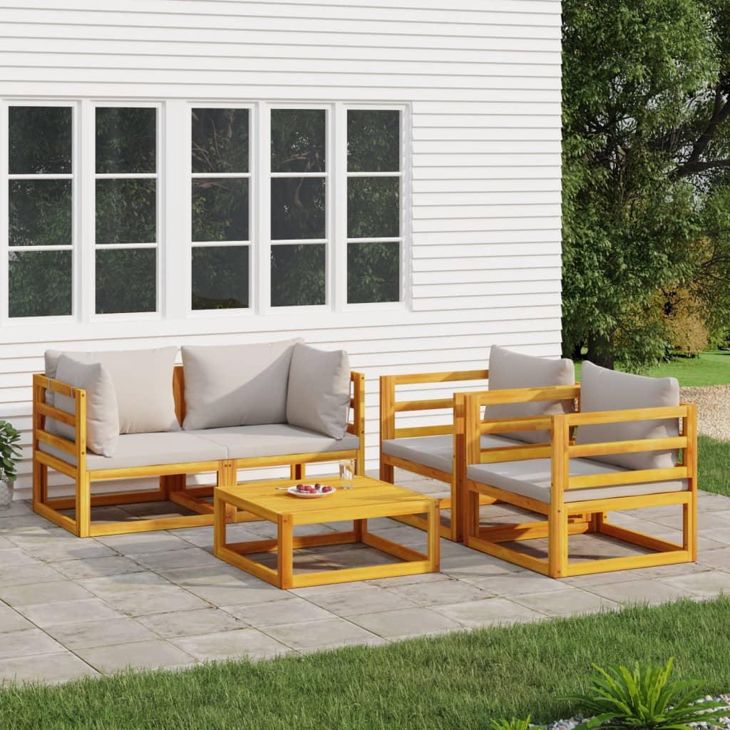 5 Piece Garden Lounge Set with Light Grey Cushions Solid Wood