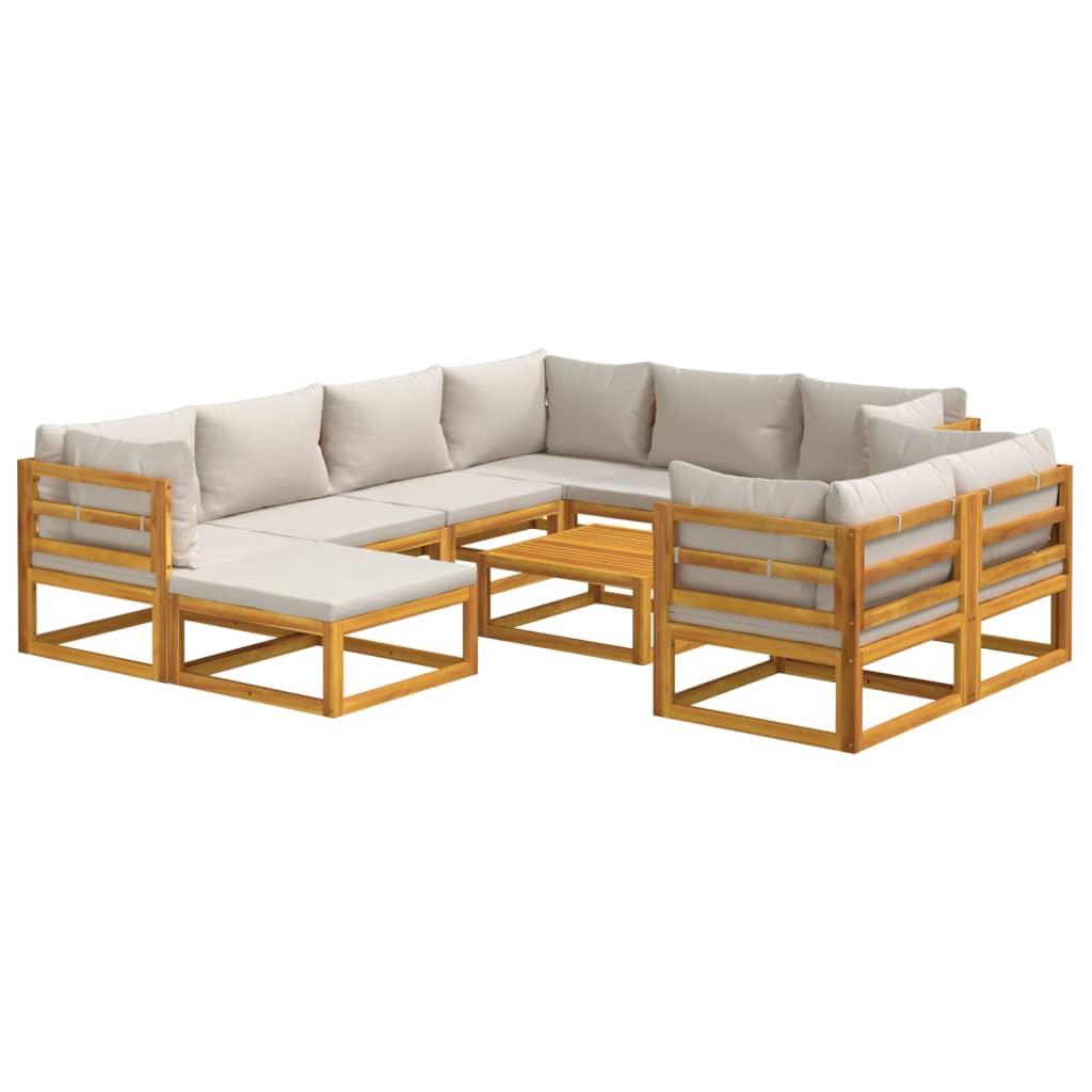 10 Piece Garden Lounge Set with Light Grey Cushions Solid Wood