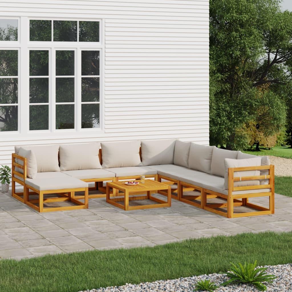 9 Piece Garden Lounge Set with Light Grey Cushions Solid Wood