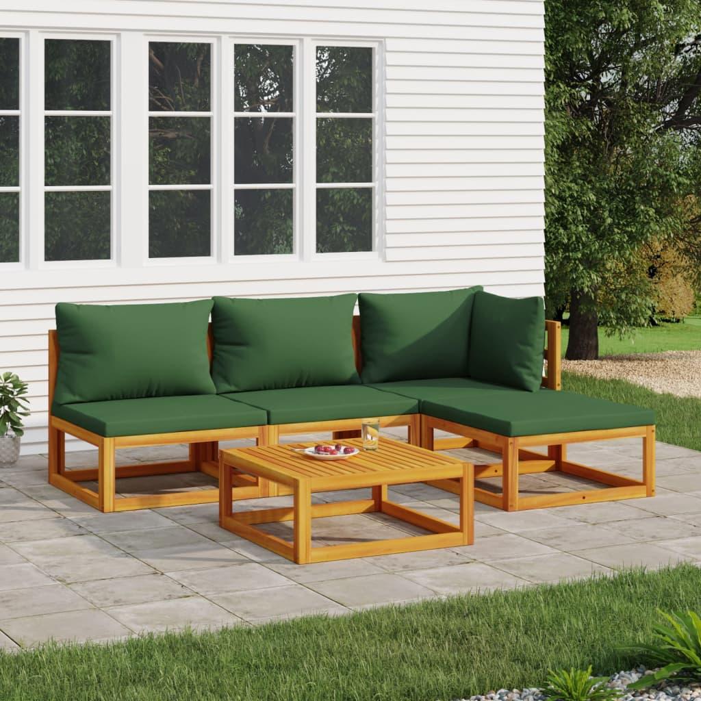 5 Piece Garden Lounge Set with Green Cushions Solid Wood