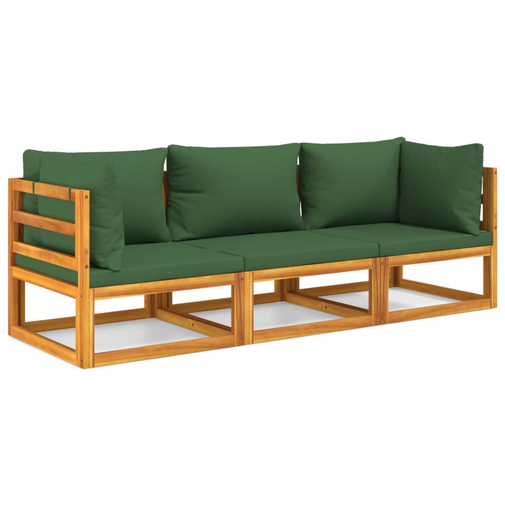 3 Piece Garden Lounge Set with Green Cushions Solid Wood