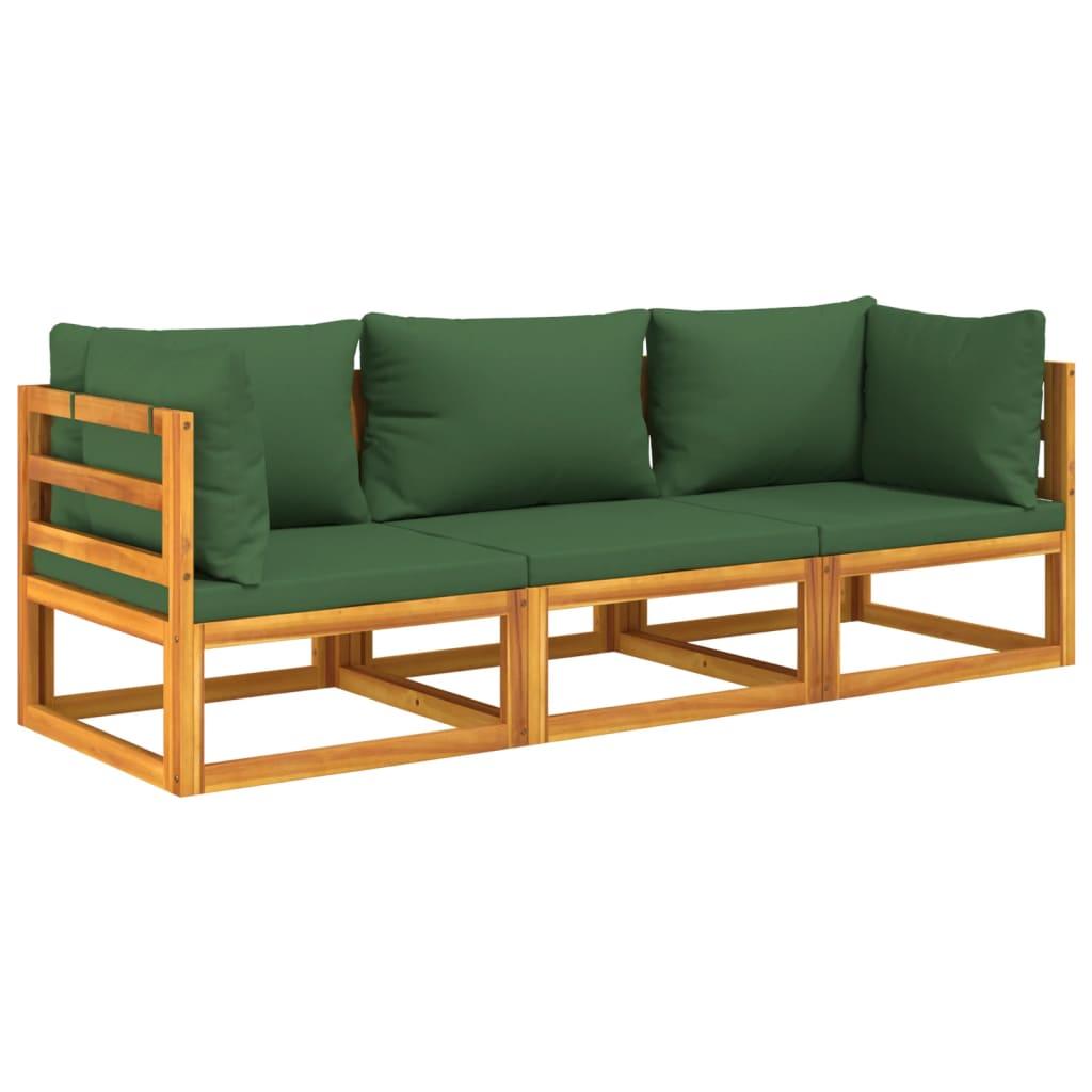 3 Piece Garden Lounge Set with Green Cushions Solid Wood