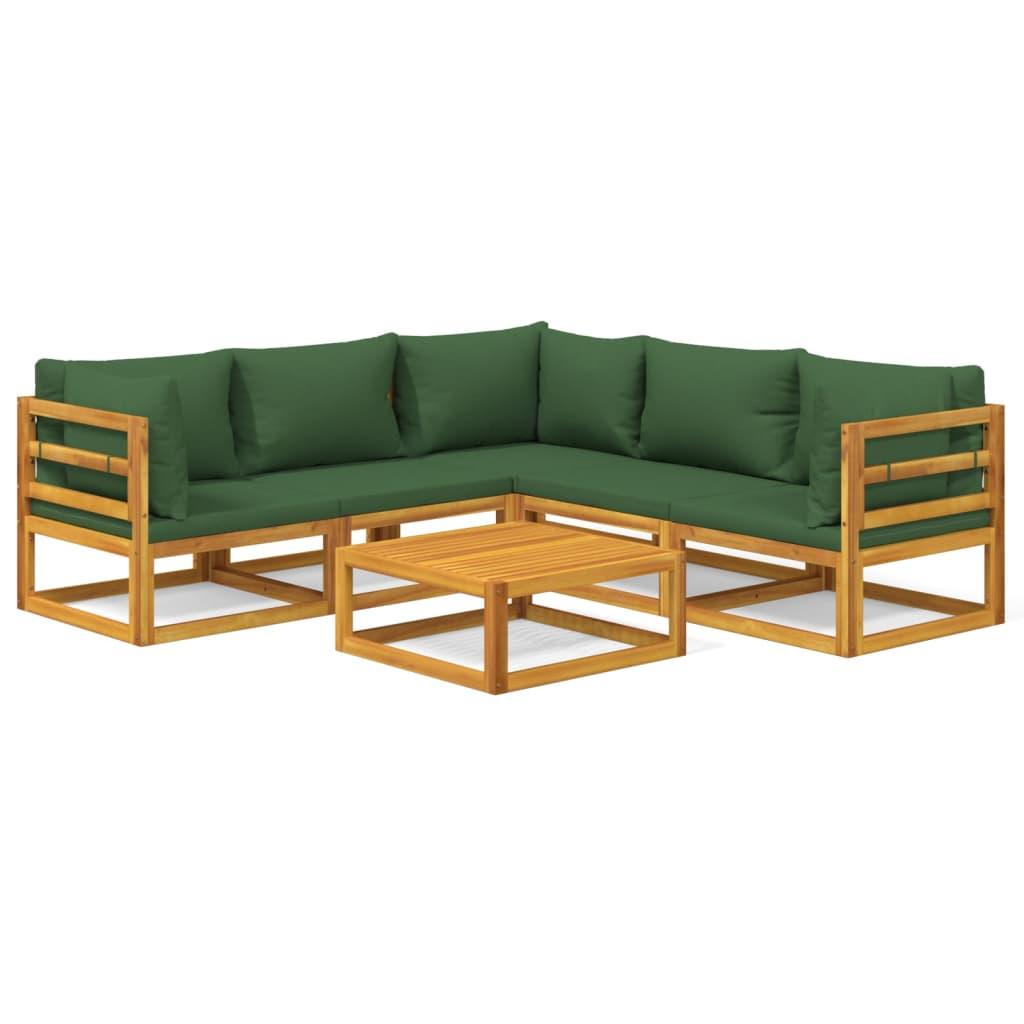 6 Piece Garden Lounge Set with Green Cushions Solid Wood