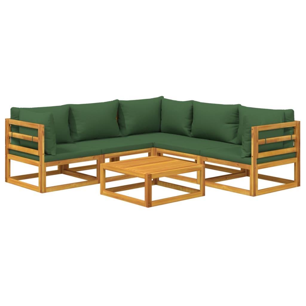 6 Piece Garden Lounge Set with Green Cushions Solid Wood