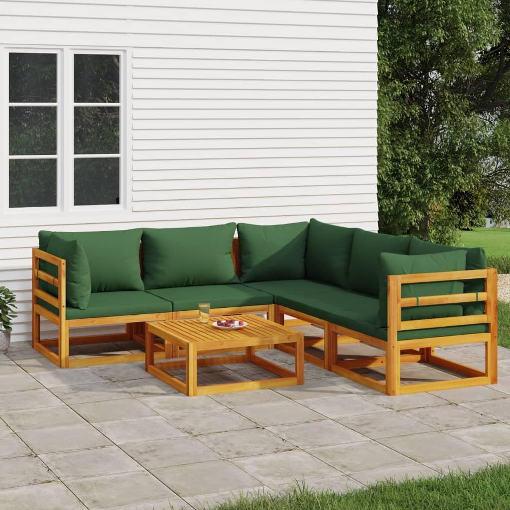 6 Piece Garden Lounge Set with Green Cushions Solid Wood