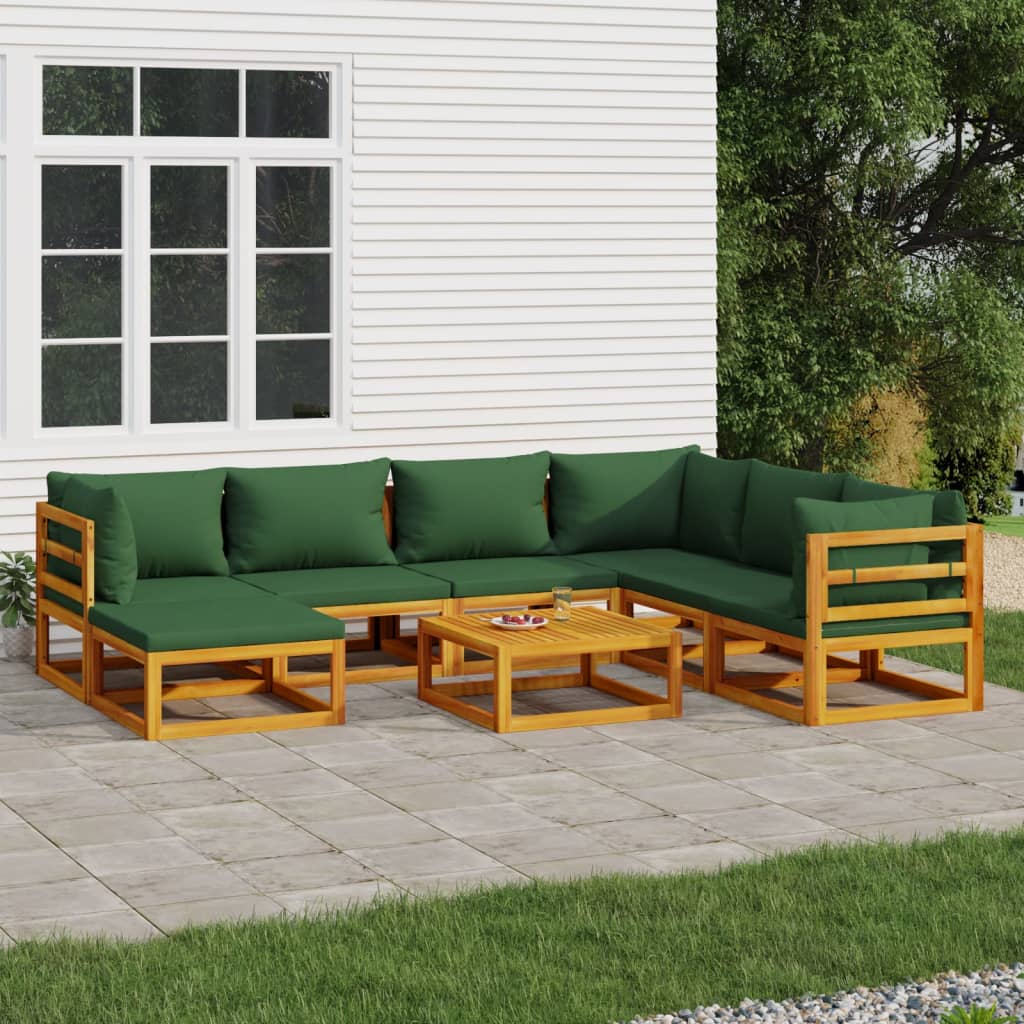 8 Piece Garden Lounge Set with Green Cushions Solid Wood