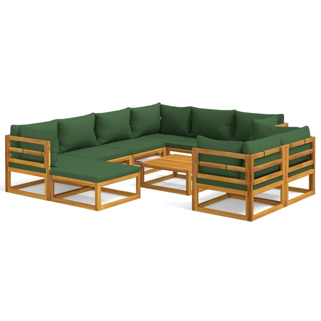 10 Piece Garden Lounge Set with Green Cushions Solid Wood