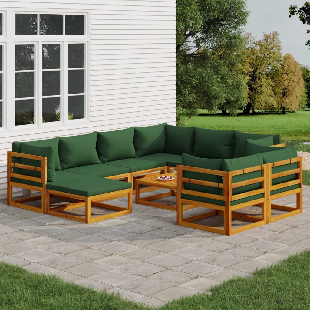 10 Piece Garden Lounge Set with Green Cushions Solid Wood