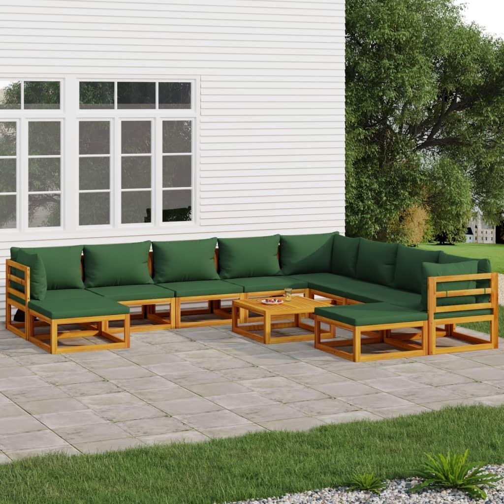 11 Piece Garden Lounge Set with Green Cushions Solid Wood