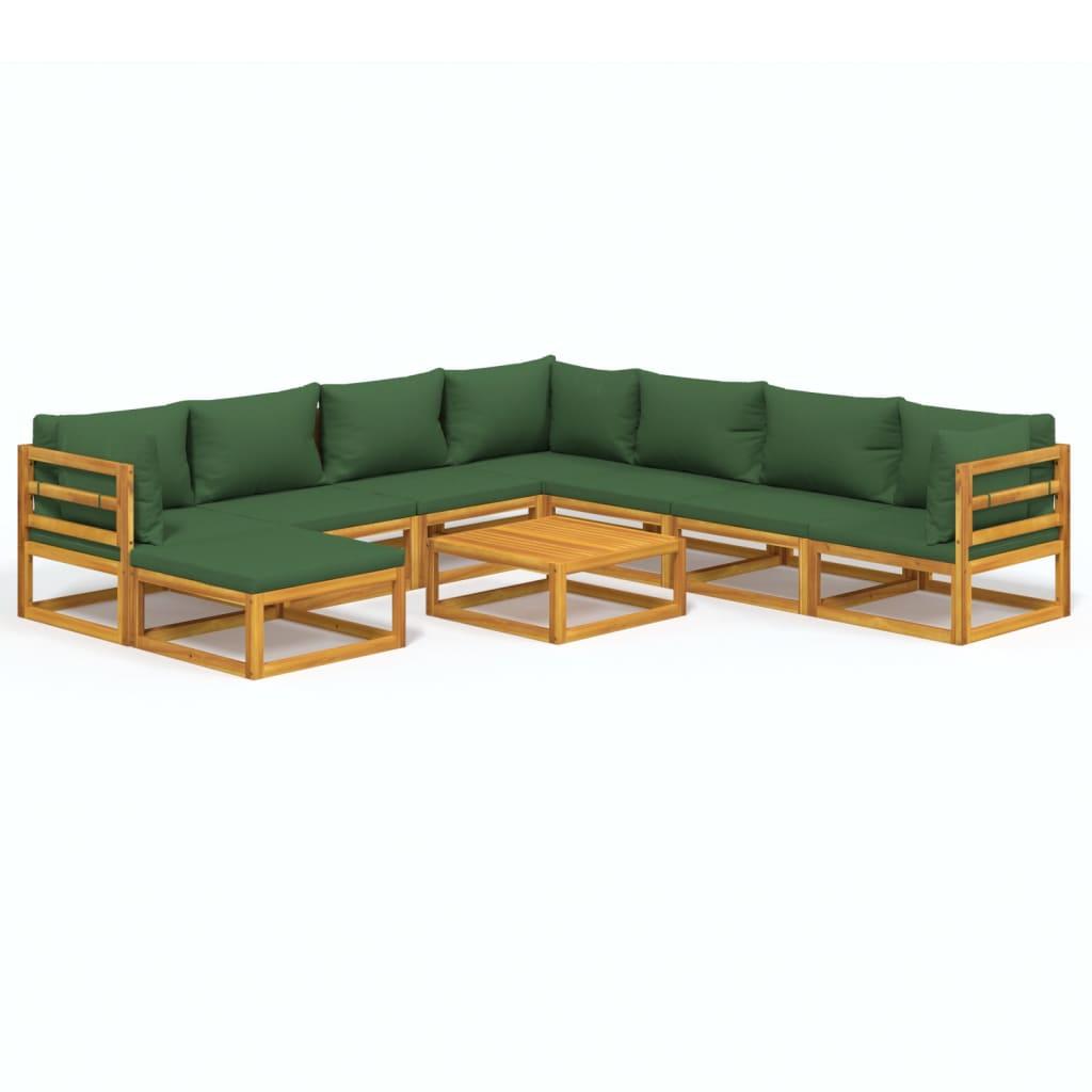 9 Piece Garden Lounge Set with Green Cushions Solid Wood