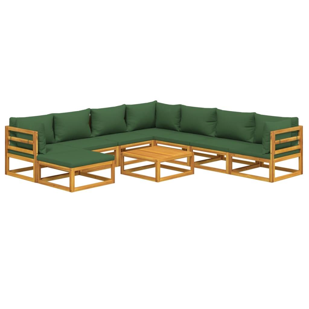 9 Piece Garden Lounge Set with Green Cushions Solid Wood