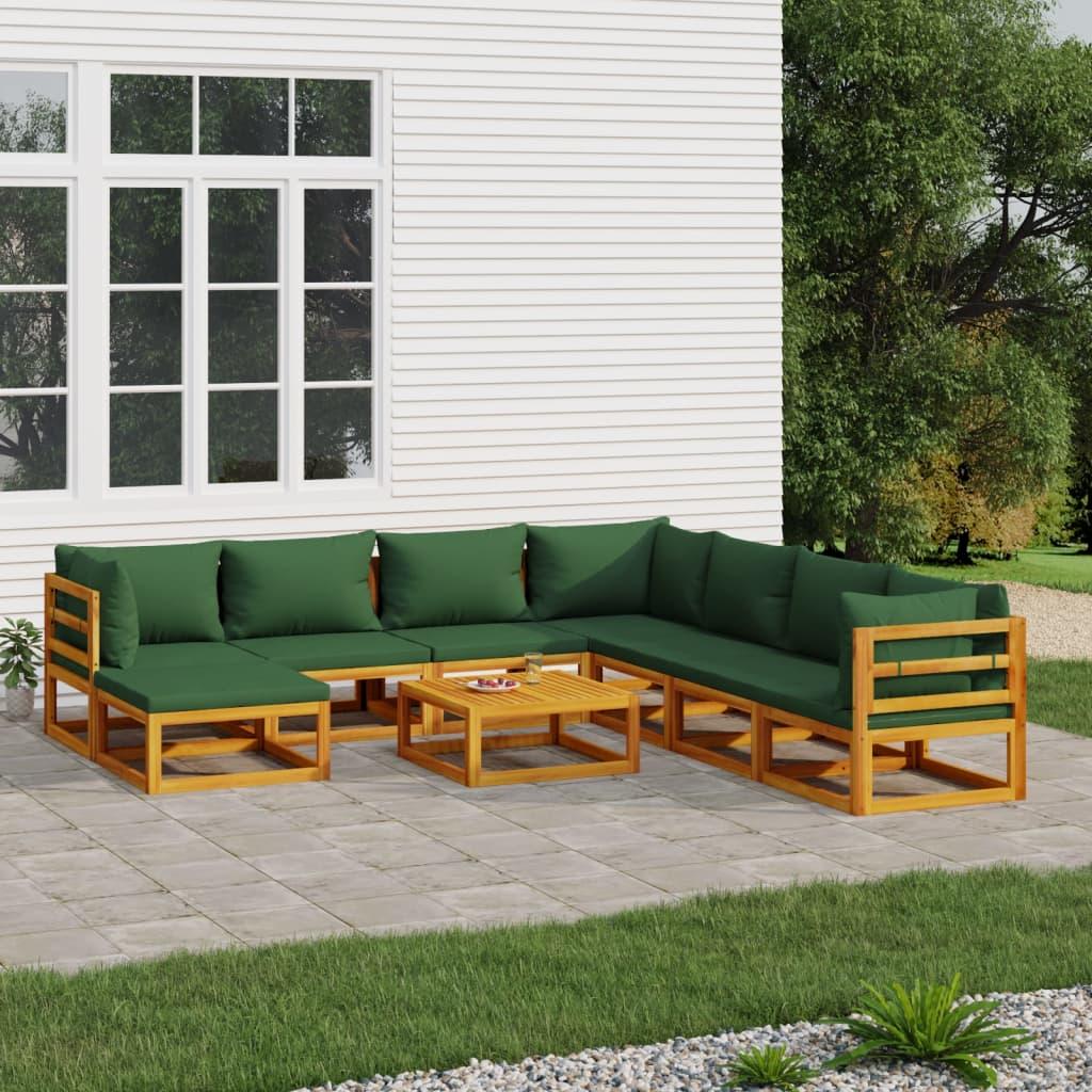 9 Piece Garden Lounge Set with Green Cushions Solid Wood