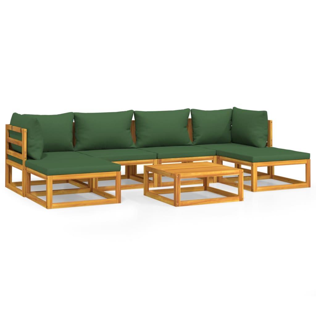 7 Piece Garden Lounge Set with Green Cushions Solid Wood