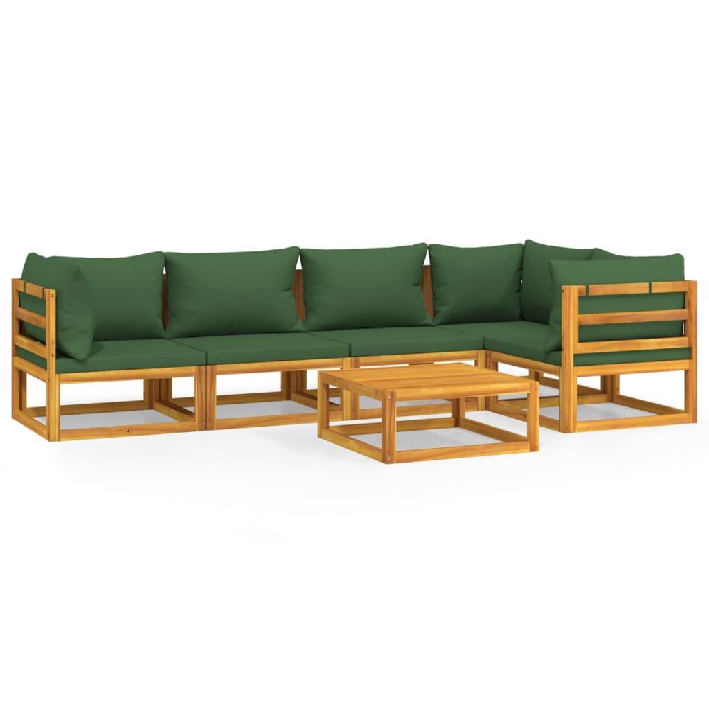 6 Piece Garden Lounge Set with Green Cushions Solid Wood