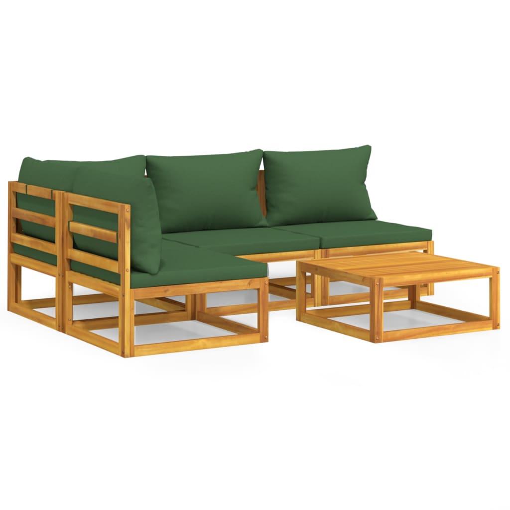 5 Piece Garden Lounge Set with Green Cushions Solid Wood